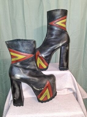 Luichiny Platform Ankle Boots in Black with Red & Yellow Chevron Accents